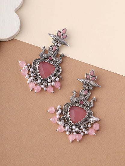 Priyaasi Gorgeous Peacock-Inspired Jhumka Earrings in Pink Stone Splendor
