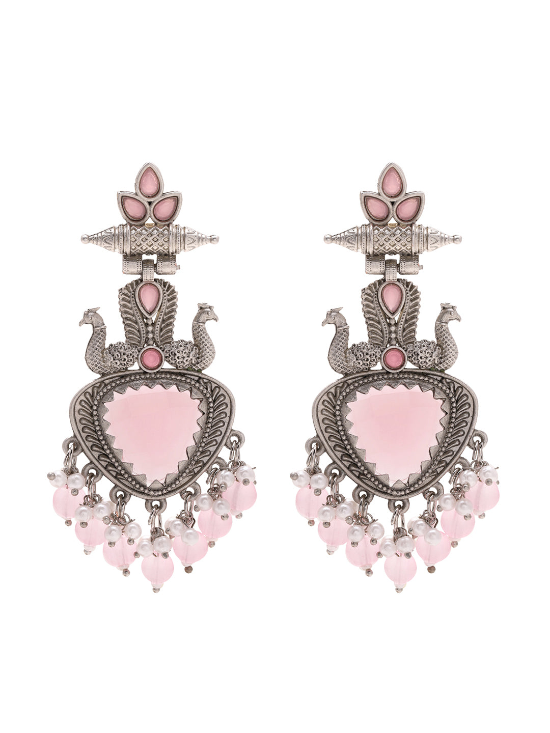 Priyaasi Gorgeous Peacock-Inspired Jhumka Earrings in Pink Stone Splendor