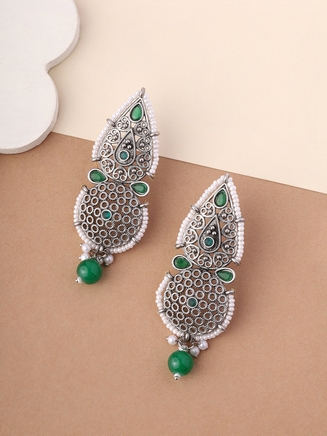Priyaasi Drop Kundan Green Stoned Earrings
