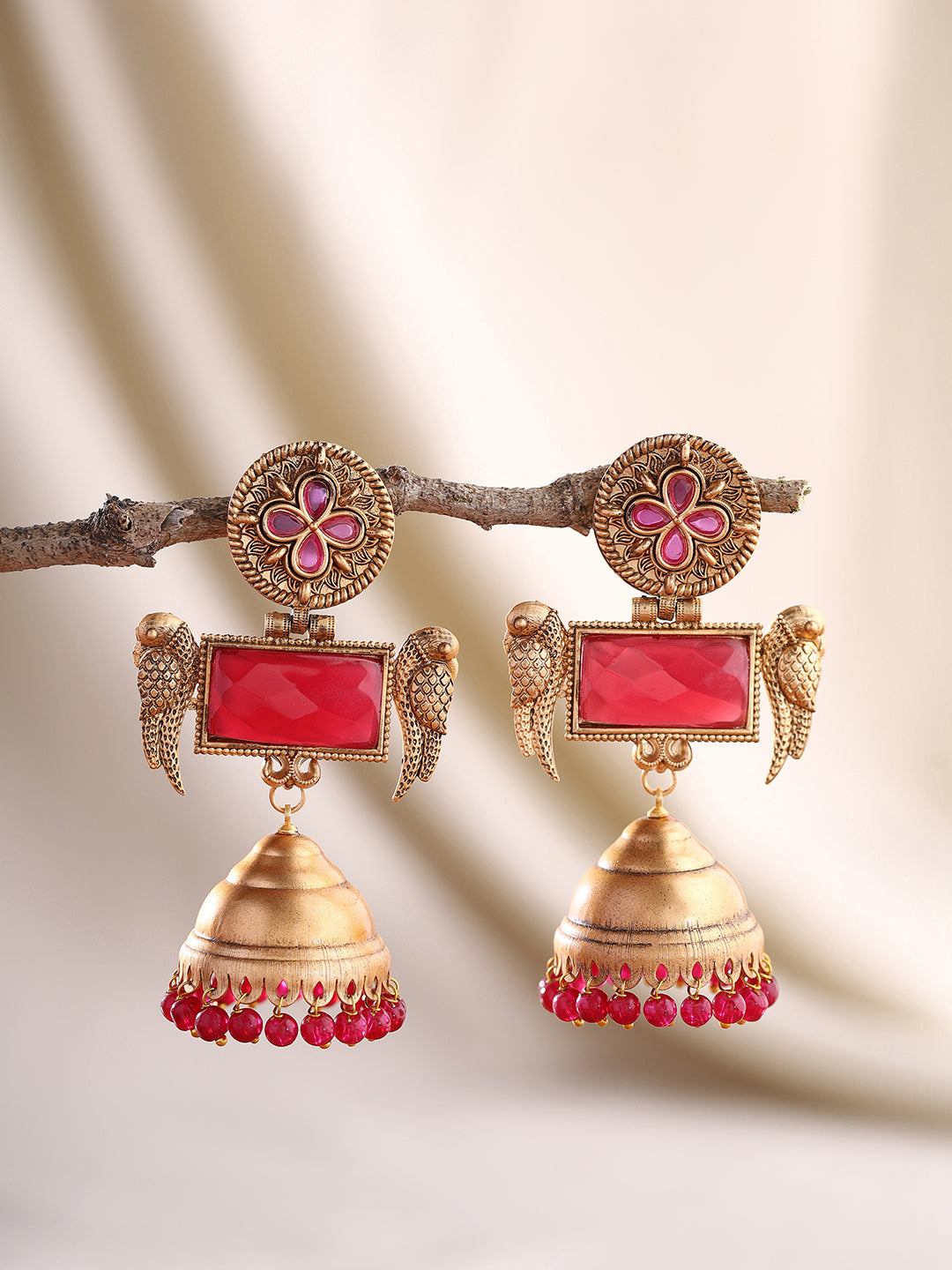 Priyaasi Ruby Stoned Floral Jhumkas