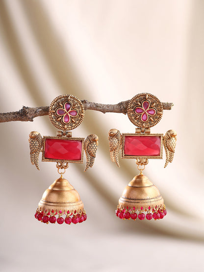 Priyaasi Ruby Stoned Floral Jhumkas