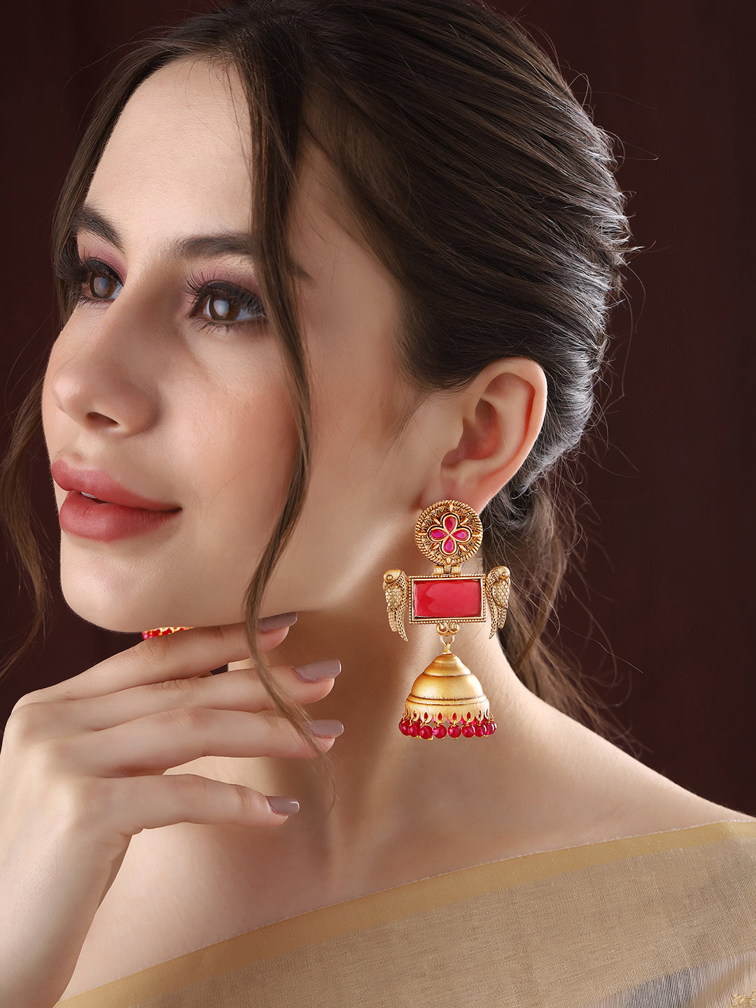 Priyaasi Ruby Stoned Floral Jhumkas