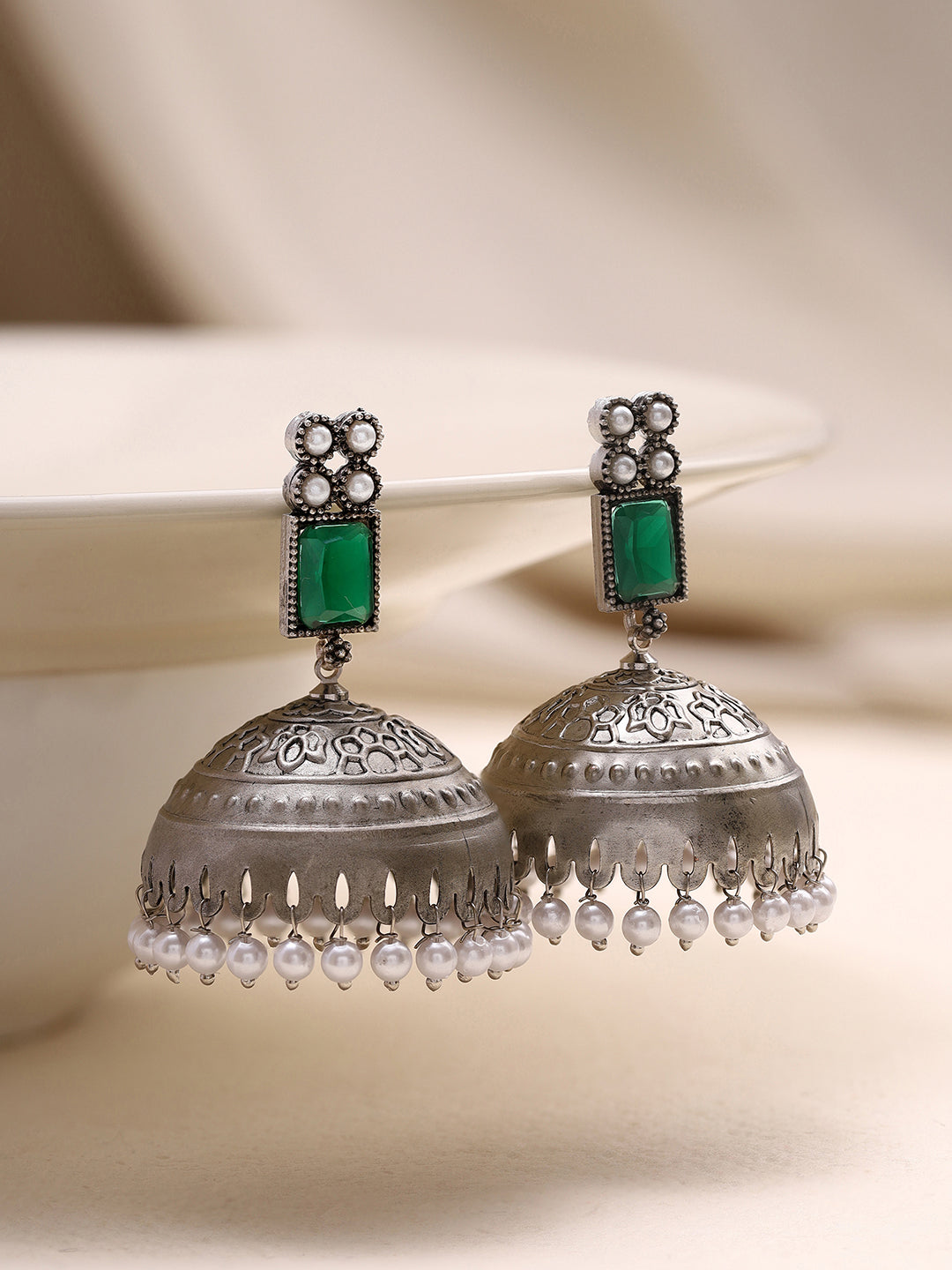 Priyaasi Timeless Beauty Green Stone Jhumkas