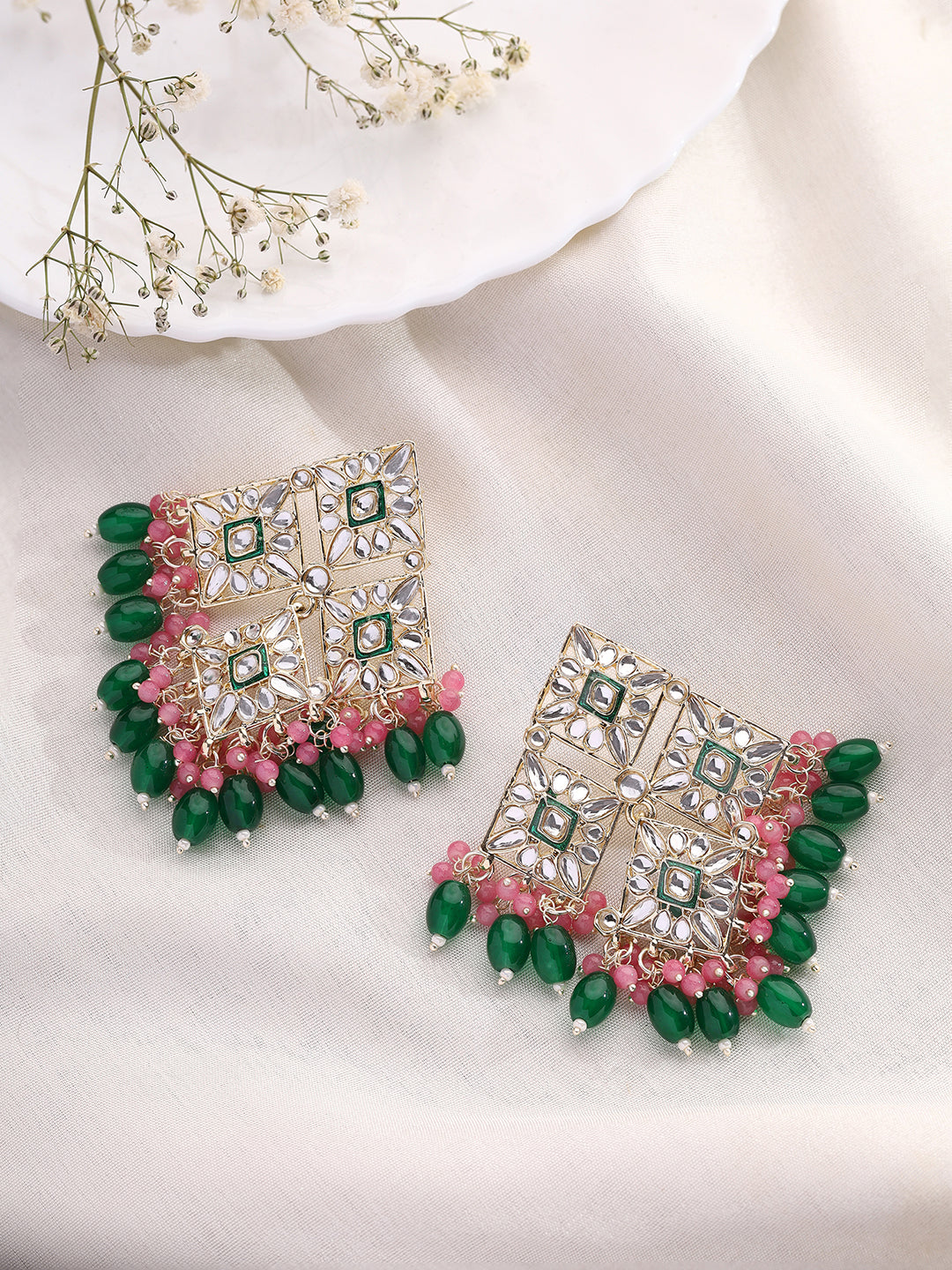 Priyaasi Kundan Rhombus Shape Beaded Earrings