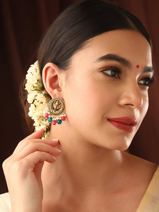 Priyaasi Temple Ruby and Green Stoned Pearl Drop Earrings
