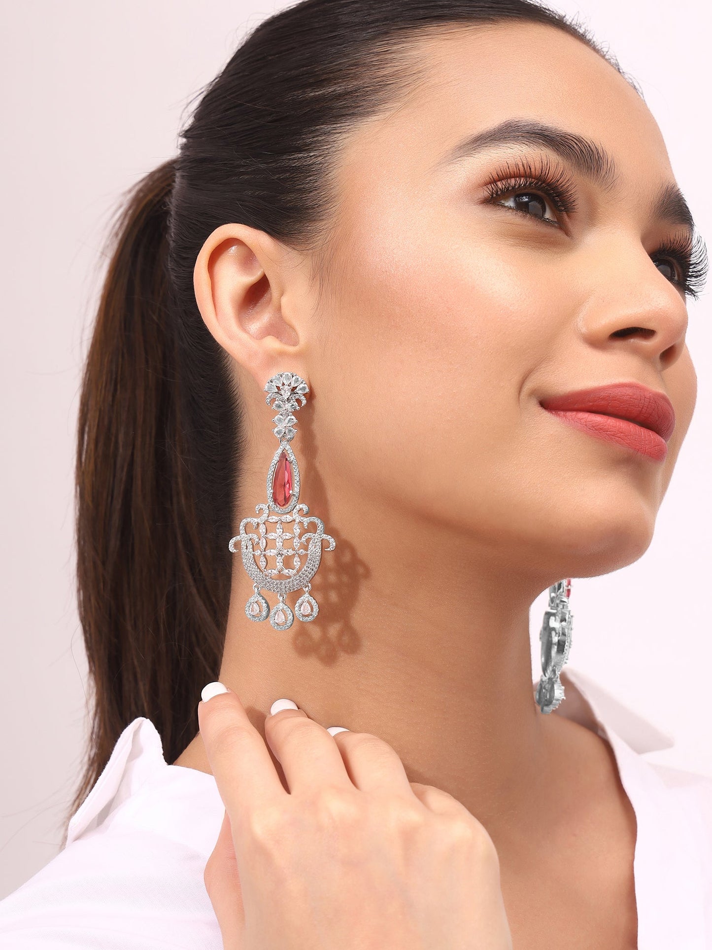 Priyaasi Floral AD Red Stoned Earrings