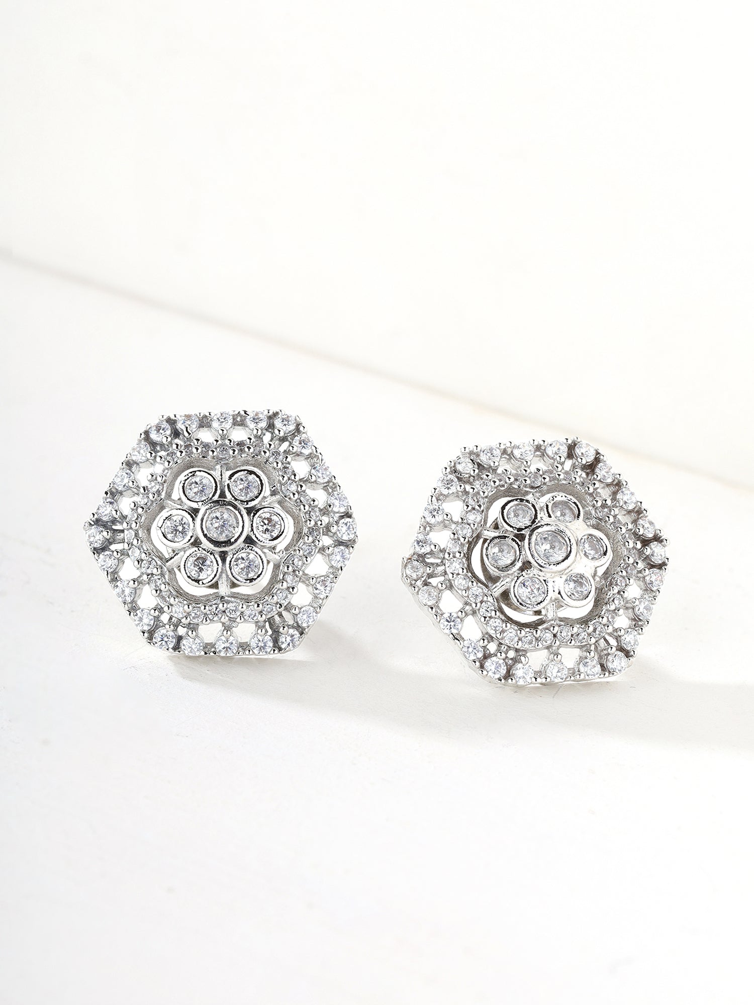 Priyaasi Floral AD Silver Stud Earrings
