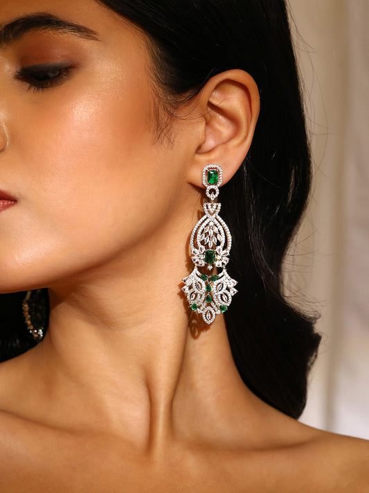 Priyaasi American Diamonds Green Floral Stoned Long Drop Earrings