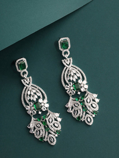 Priyaasi American Diamonds Green Floral Stoned Long Drop Earrings