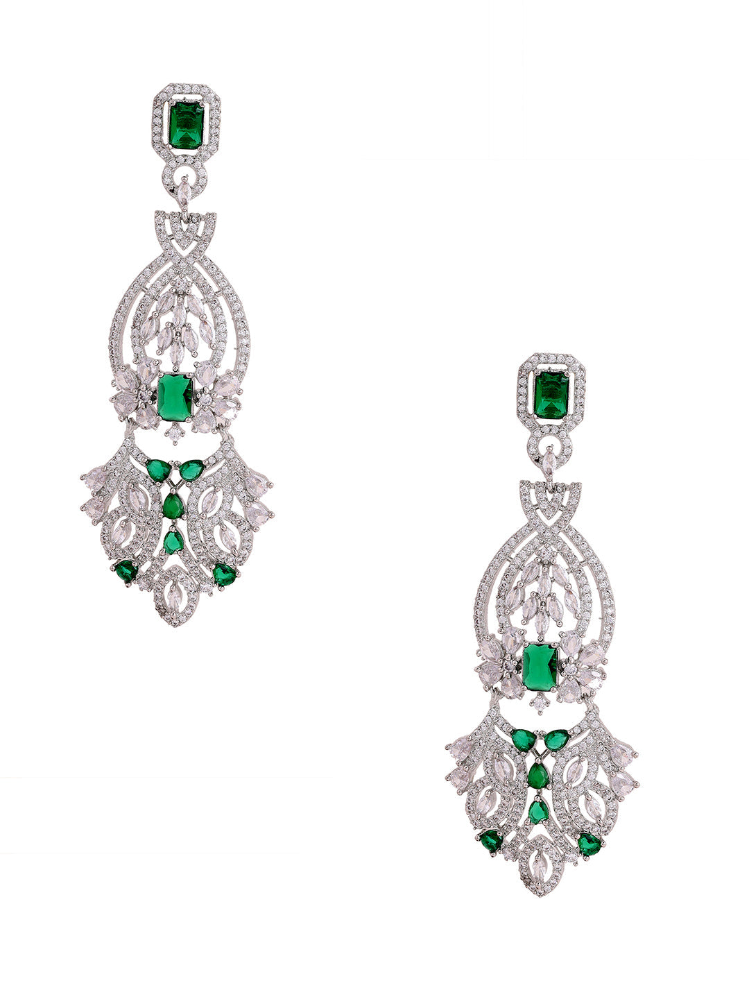 Priyaasi American Diamonds Green Floral Stoned Long Drop Earrings