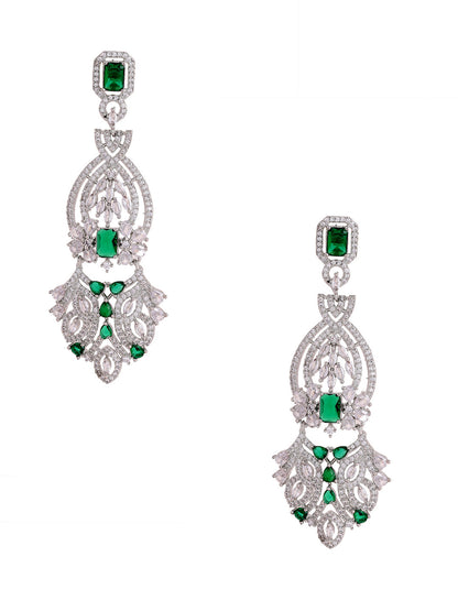 Priyaasi American Diamonds Green Floral Stoned Long Drop Earrings
