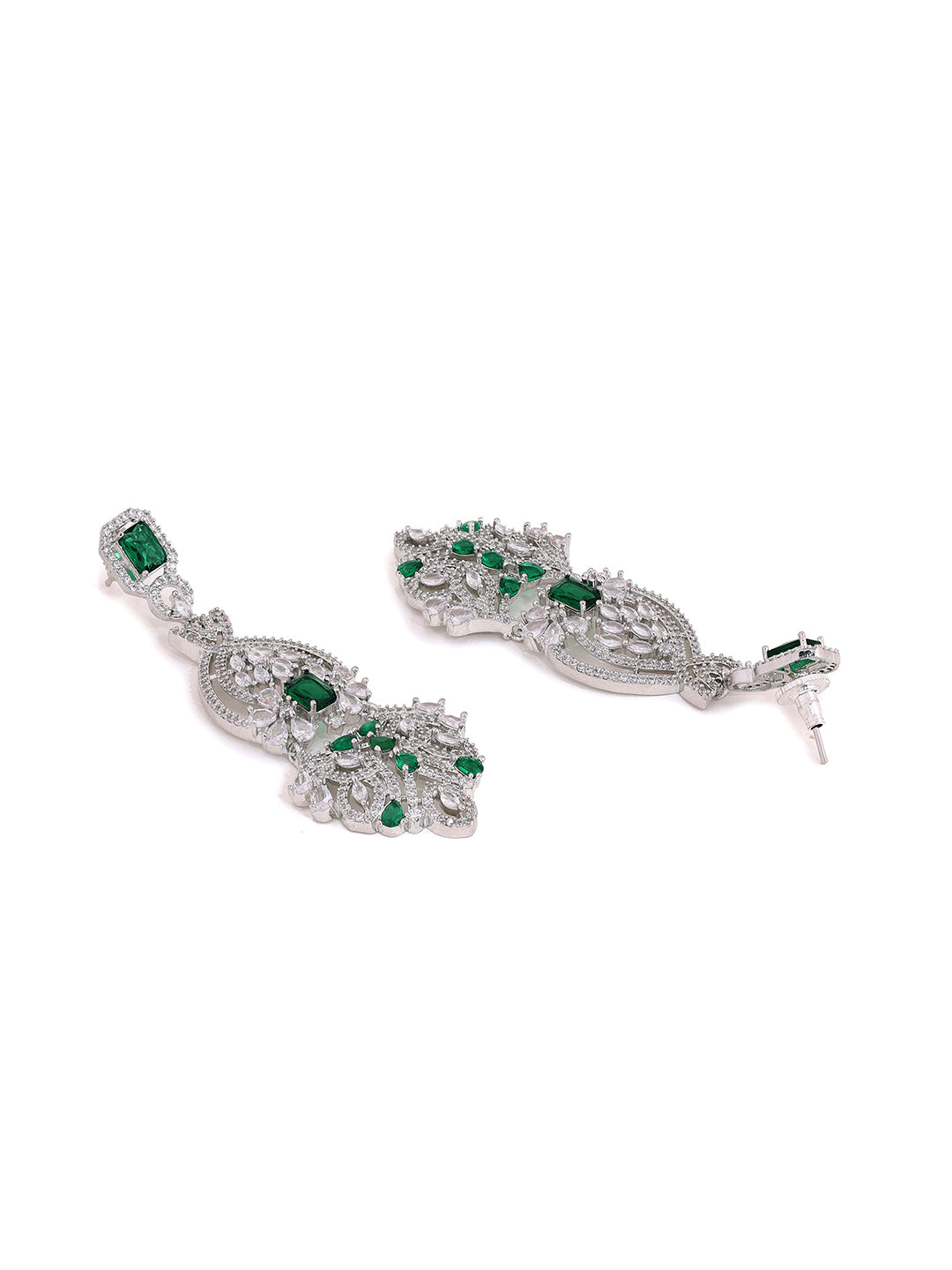Priyaasi American Diamonds Green Floral Stoned Long Drop Earrings