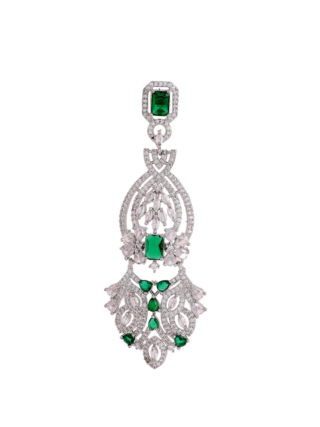 Priyaasi American Diamonds Green Floral Stoned Long Drop Earrings