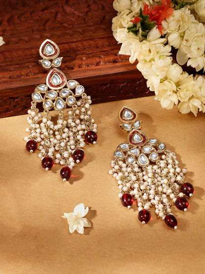 Priyaasi Maroon Leaf Design mini Fresh Water Pearls Tassels Drop gold plated earrings