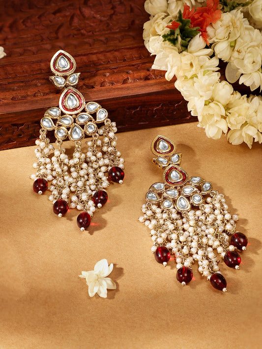 Priyaasi Maroon Leaf Design mini Fresh Water Pearls Tassels Drop gold plated earrings