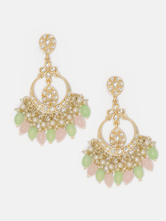 Priyaasi Pink Mint Beads Kundan Mini Pearls Chandbali Design Gold Plated Earrings