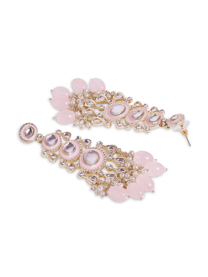 Priyaasi Simple Kundan Pink Beads Drop Gold Plated Earrings