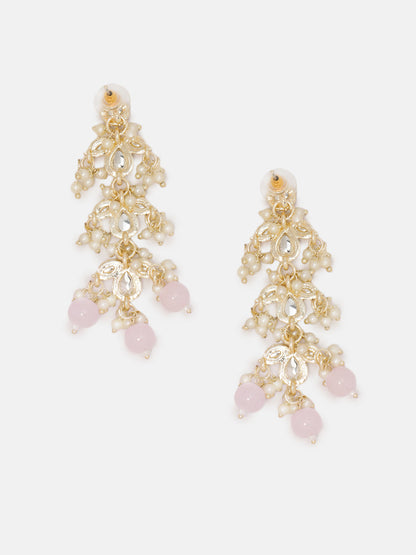 Priyaasi Kundan Floral Pattern Pink Beads Mini Pearl Elegance Gold Plated Drop Earrings