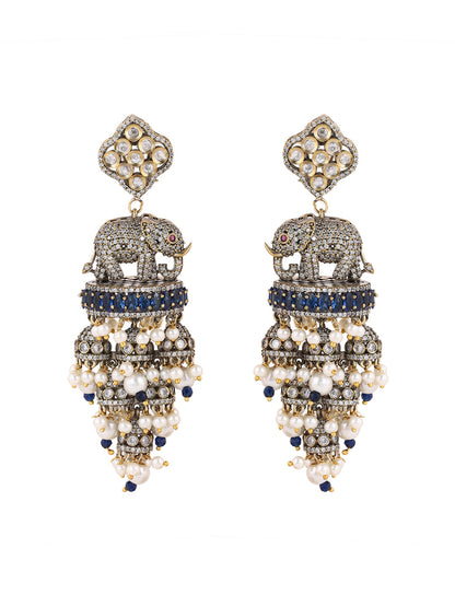 Priyaasi AD Elephant Design Jhumkis Navy Blue Gold Plated Drop Earrings