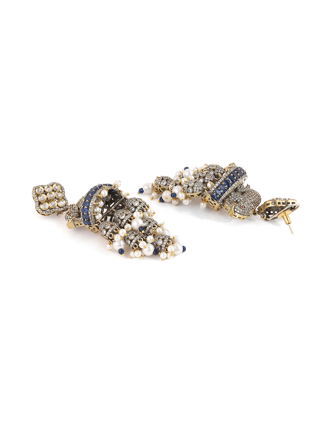 Priyaasi AD Elephant Design Jhumkis Navy Blue Gold Plated Drop Earrings