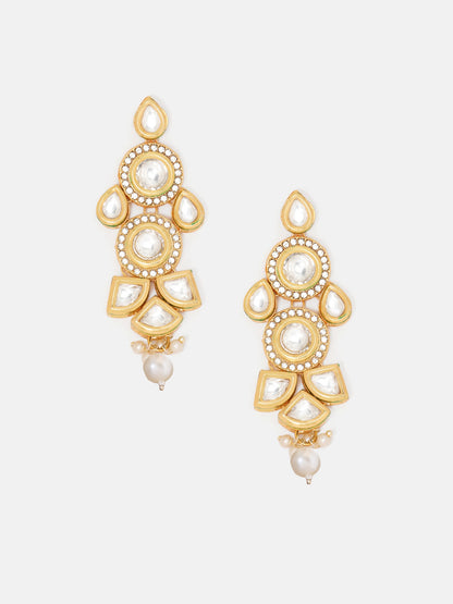 Priyaasi Gold Plated Glamour Kundan and Pearl Drop Earrings in Geometric Shape