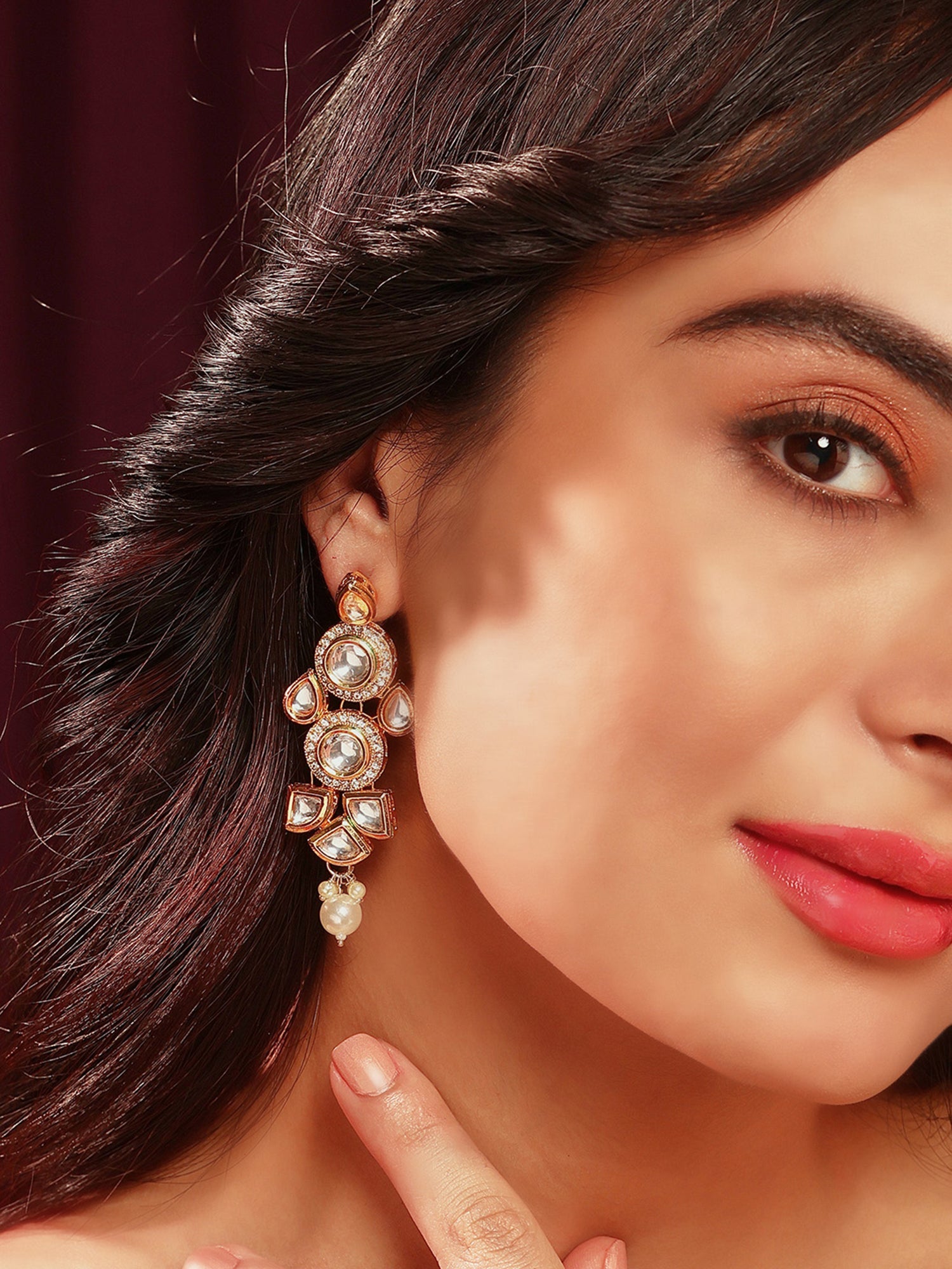 Priyaasi Gold Plated Glamour Kundan and Pearl Drop Earrings in Geometric Shape
