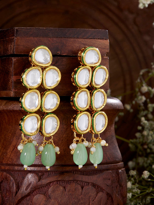 Priyaasi Geometrical Design Two Layered Kundan Gold Plated Mint Bead Earrings