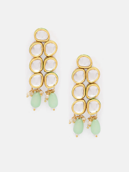 Priyaasi Geometrical Design Two Layered Kundan Gold Plated Mint Bead Earrings