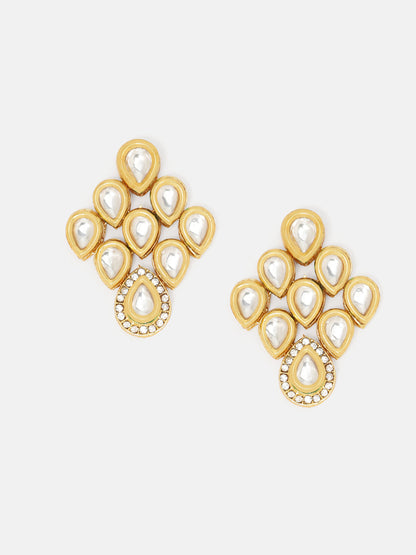 Priyaasi Regal Radiance Gold-Plated Pyramid Pattern Kundan Drop Earrings