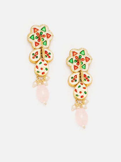 Priyaasi Gold-Plated Kundan Drop Earrings with Pink Bead Flower Pattern