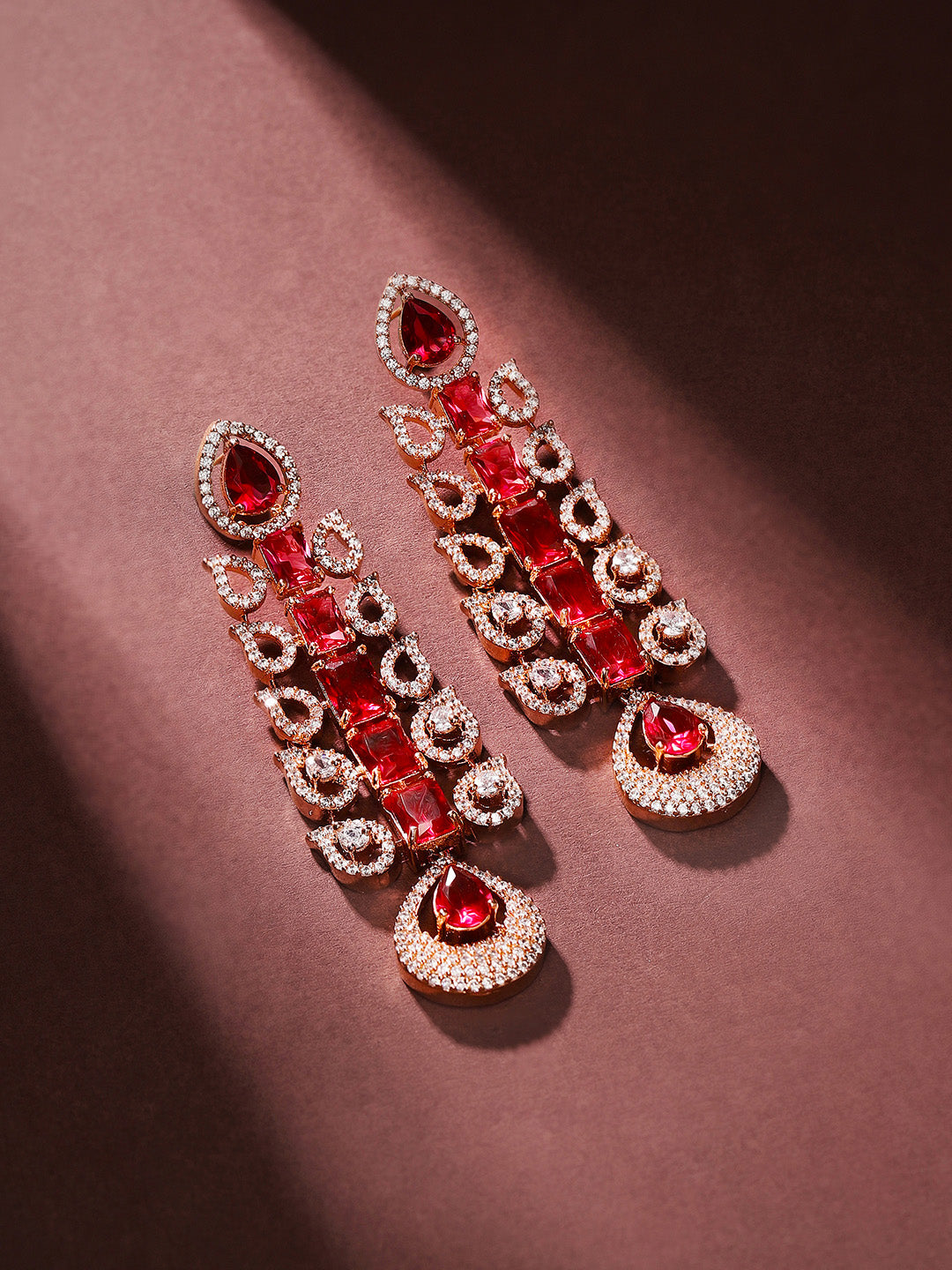 Ruby Stoned American Diamond Drop Pattern Rosegold Plated Drop Earrings