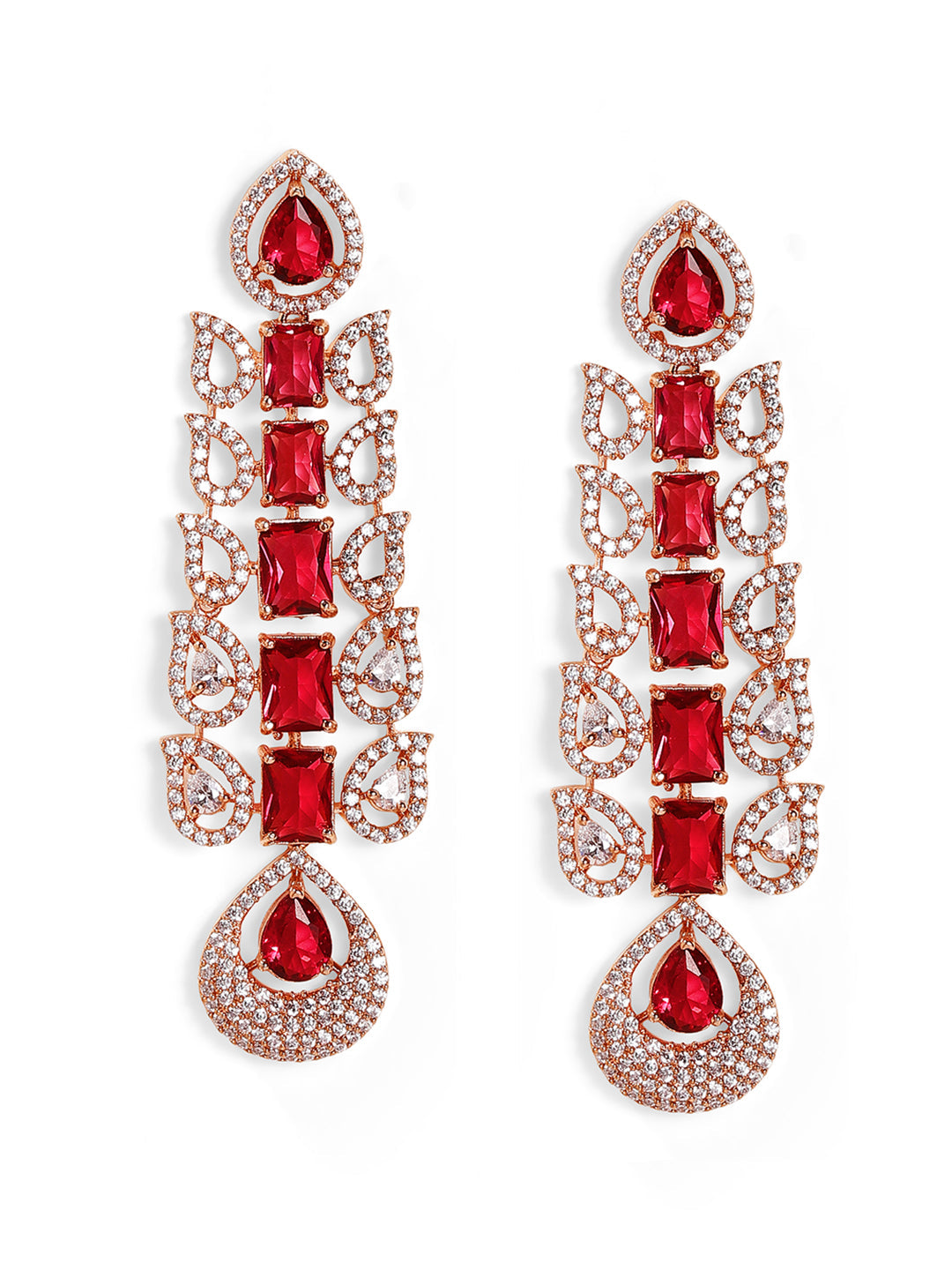 Ruby Stoned American Diamond Drop Pattern Rosegold Plated Drop Earrings