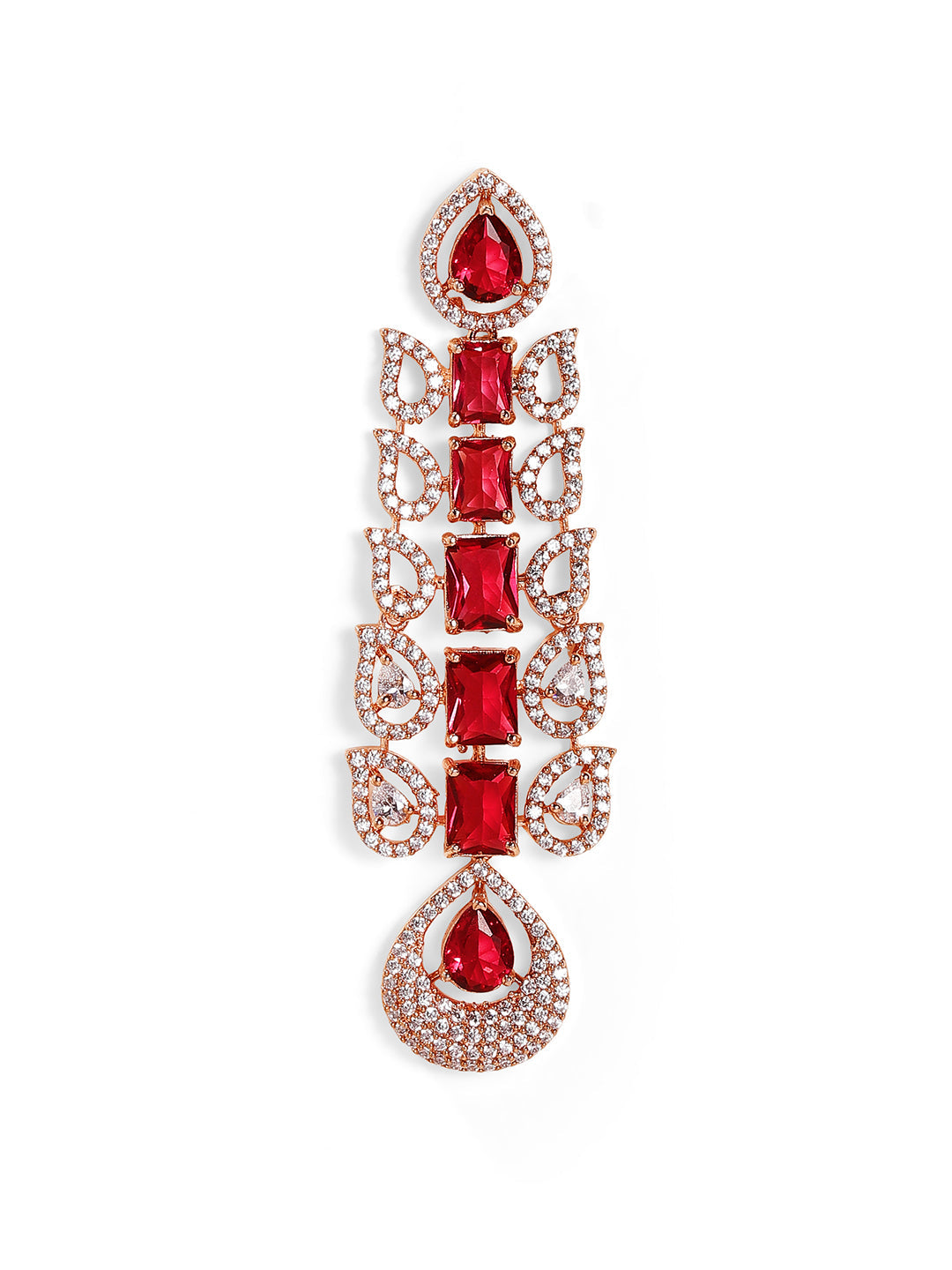 Ruby Stoned American Diamond Drop Pattern Rosegold Plated Drop Earrings