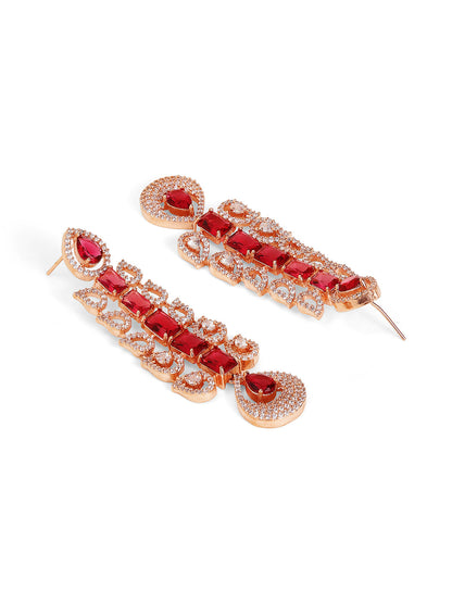 Ruby Stoned American Diamond Drop Pattern Rosegold Plated Drop Earrings