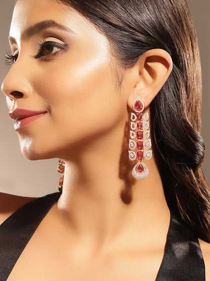 Ruby Stoned American Diamond Drop Pattern Rosegold Plated Drop Earrings