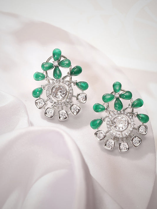 Green Stoned American Diamond Combo Floral Style Stud Earrings