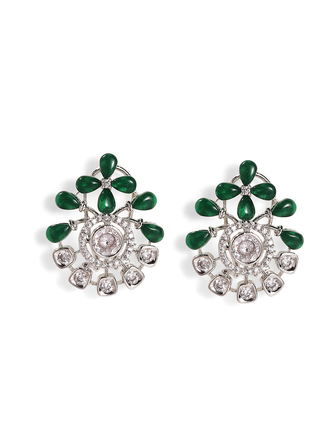 Green Stoned American Diamond Combo Floral Style Stud Earrings