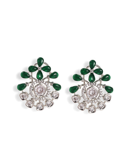 Green Stoned American Diamond Combo Floral Style Stud Earrings