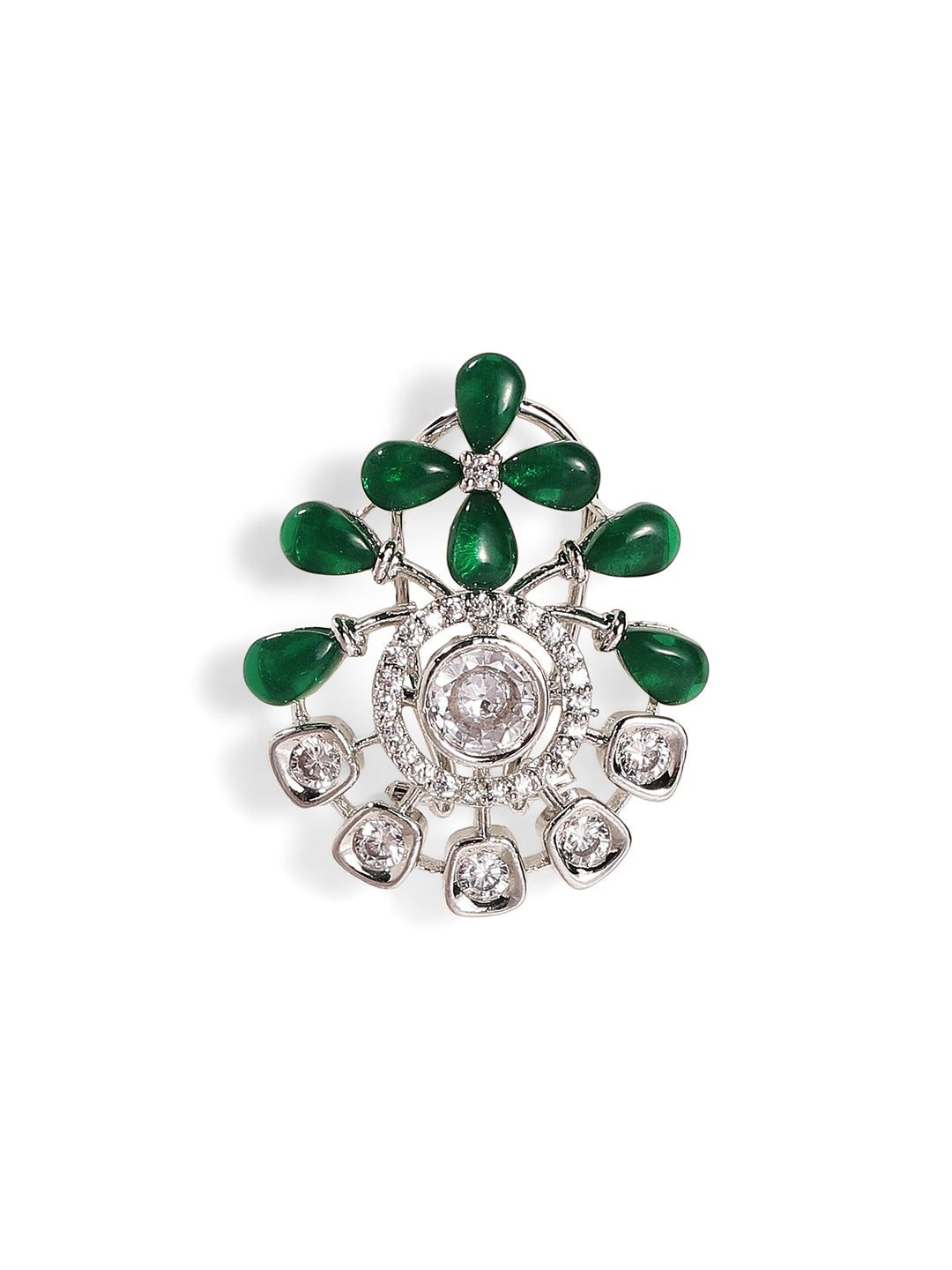 Green Stoned American Diamond Combo Floral Style Stud Earrings