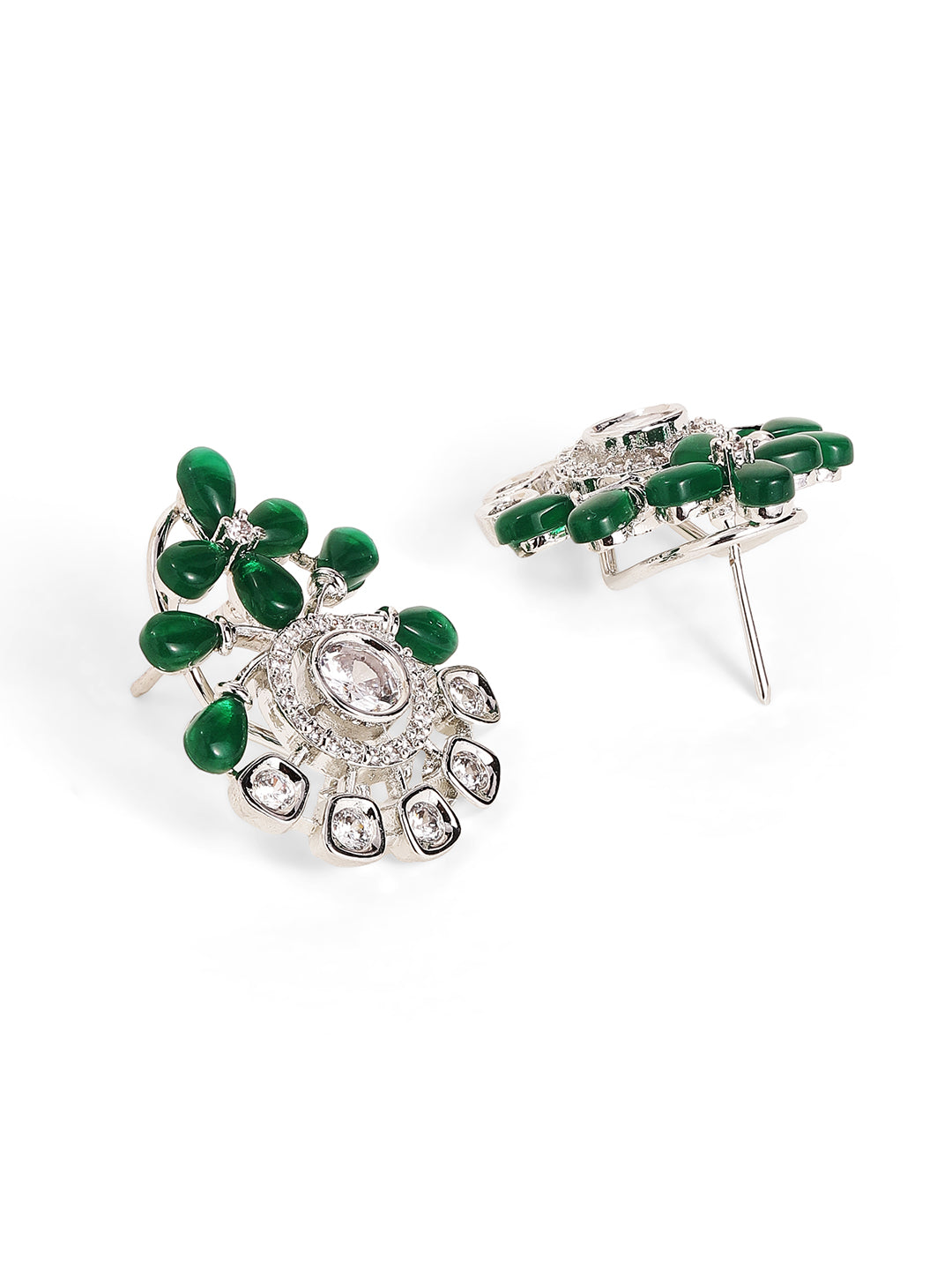 Green Stoned American Diamond Combo Floral Style Stud Earrings