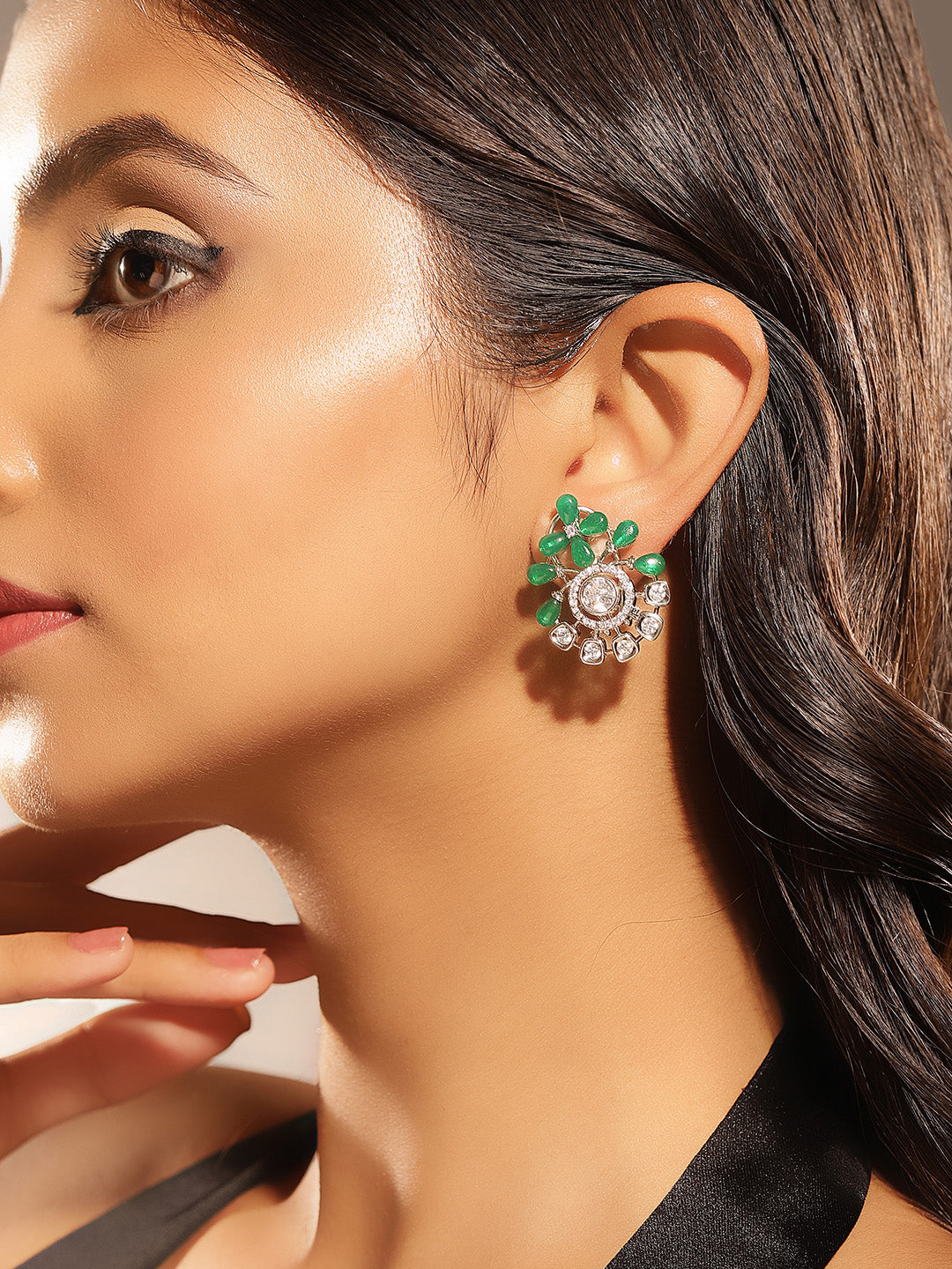 Green Stoned American Diamond Combo Floral Style Stud Earrings