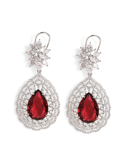 Ruby Stoned Silver Plated American Diamond Floral Style Drop Earrings