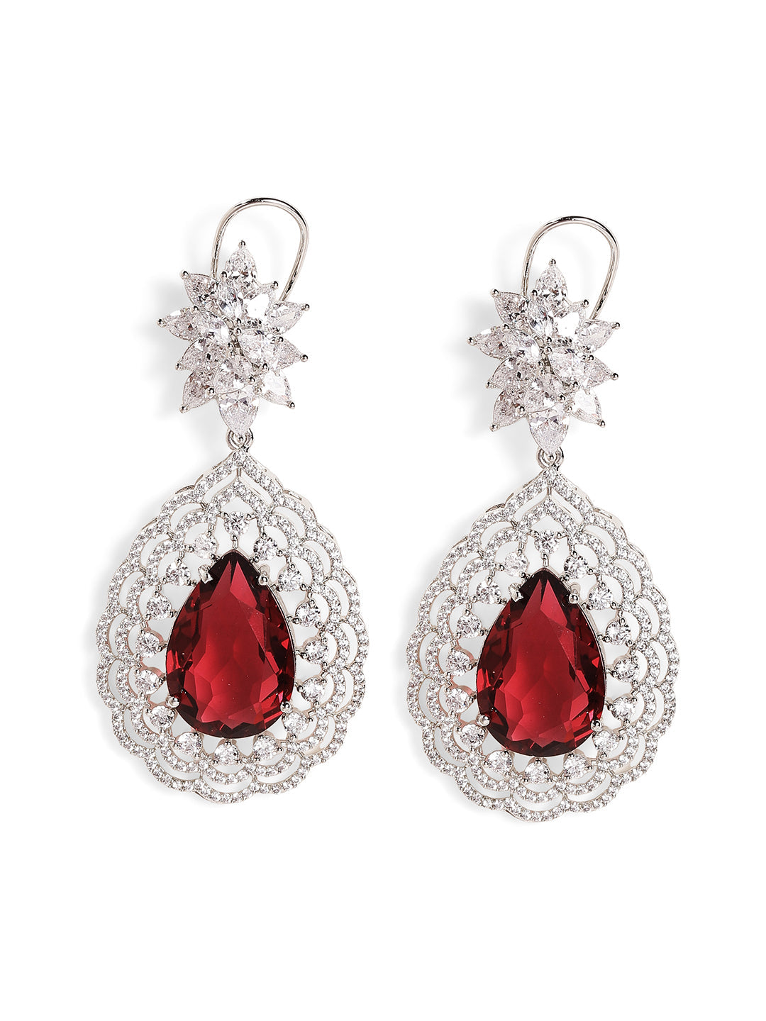 Ruby Stoned Silver Plated American Diamond Floral Style Drop Earrings