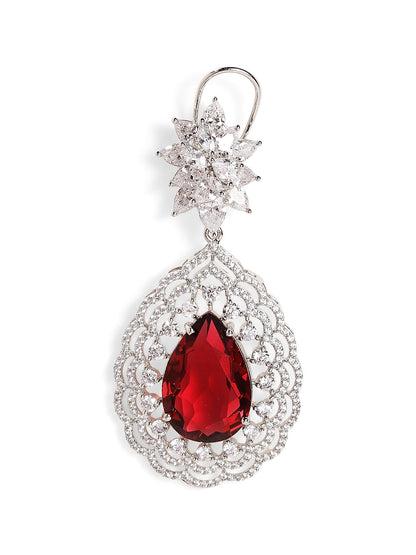 Ruby Stoned Silver Plated American Diamond Floral Style Drop Earrings