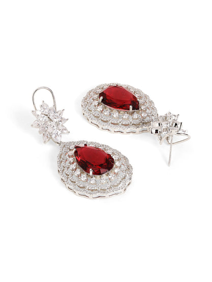 Ruby Stoned Silver Plated American Diamond Floral Style Drop Earrings