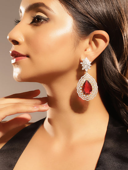 Ruby Stoned Silver Plated American Diamond Floral Style Drop Earrings