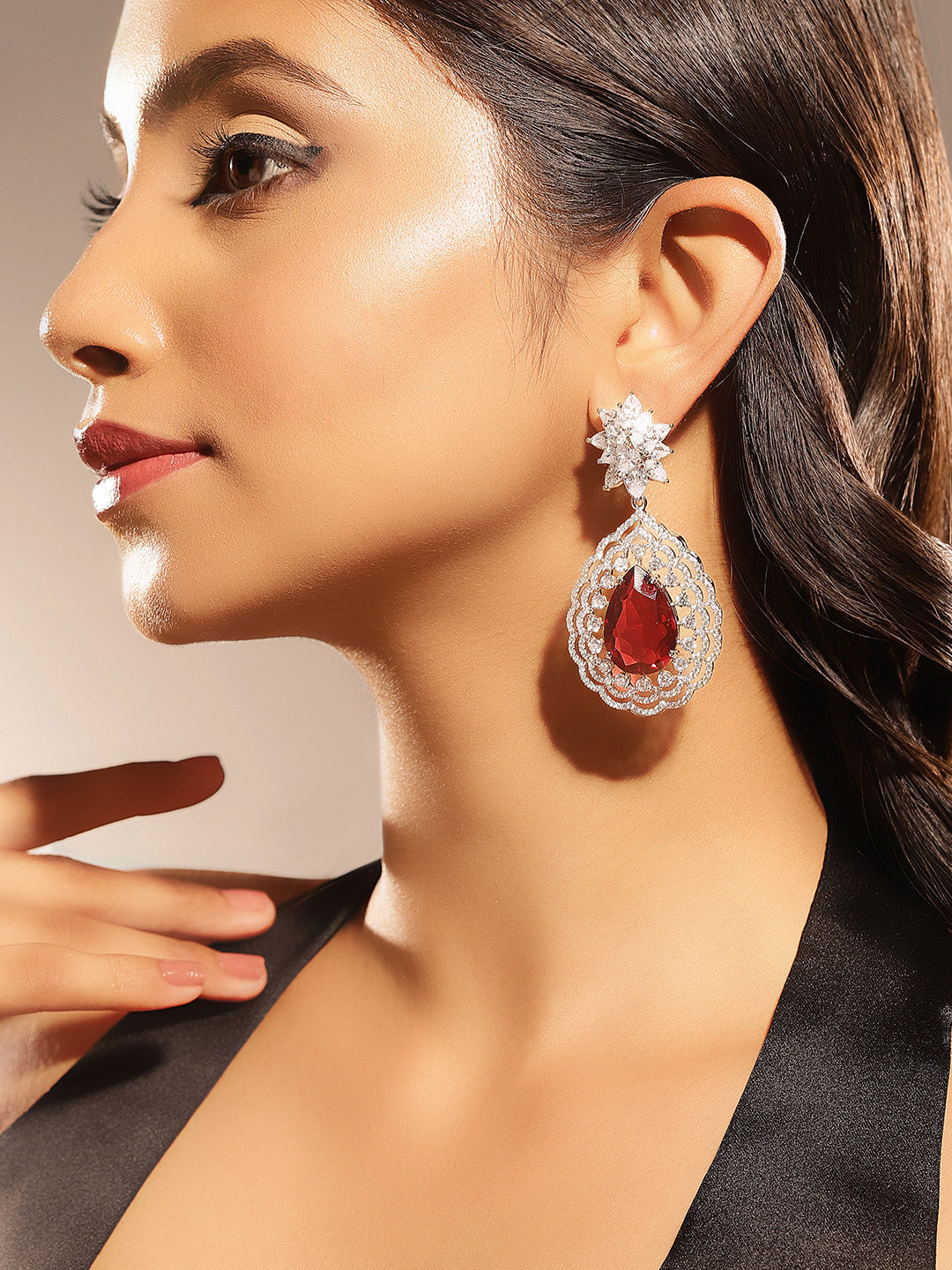 Ruby Stoned Silver Plated American Diamond Floral Style Drop Earrings