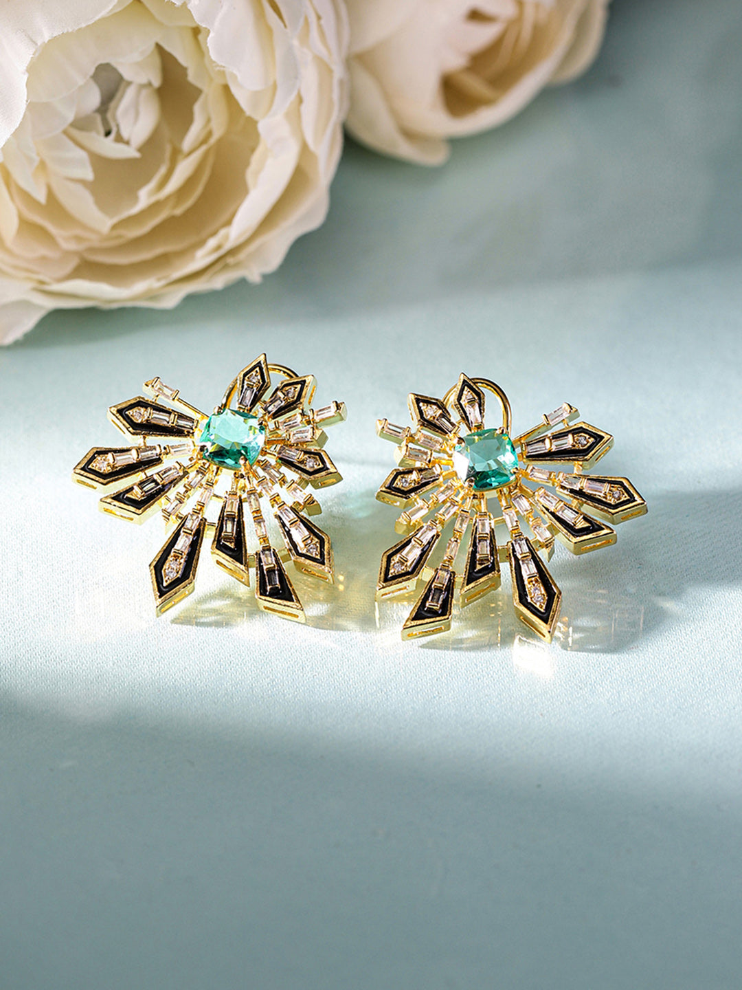 Mint Stoned Floral Style American Diamond Gold Plated Stud Earrings