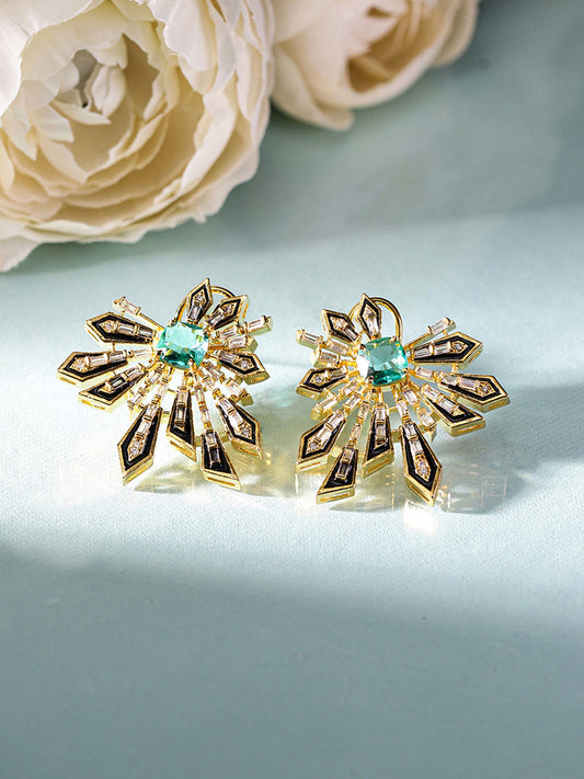 Mint Stoned Floral Style American Diamond Gold Plated Stud Earrings