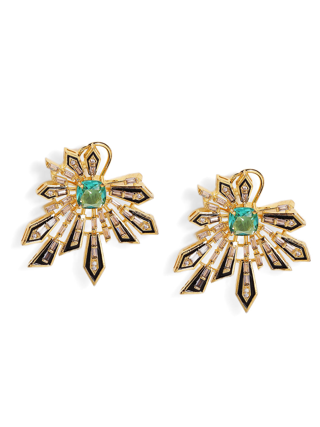 Mint Stoned Floral Style American Diamond Gold Plated Stud Earrings